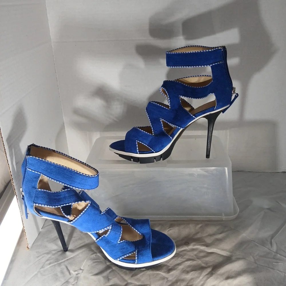 GX Gwen Stefani‎ Yori Sandals 9.5 Blue Cage Platform Stiletto Heels Edgy Zigzag